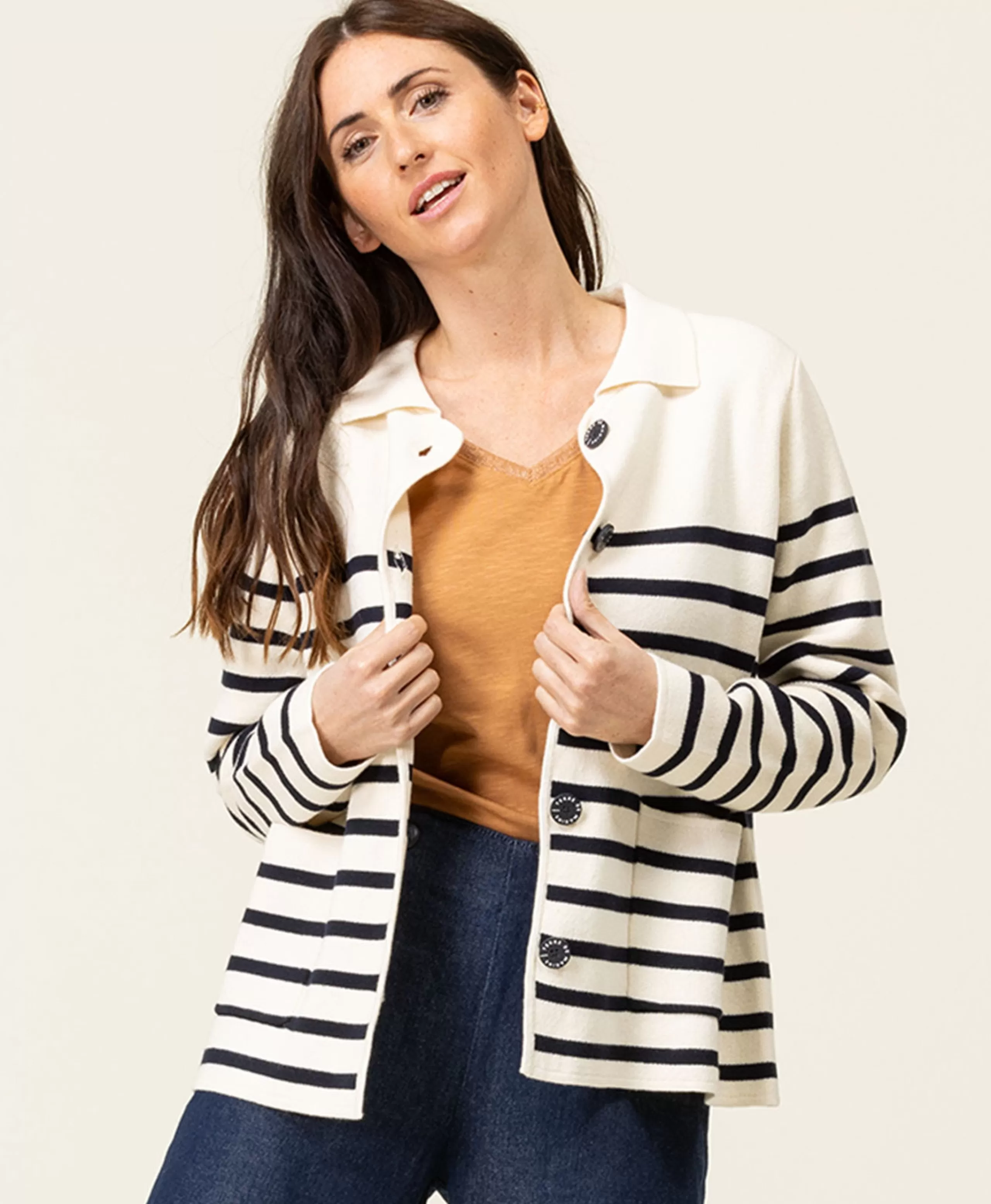 CARDIGAN TRICOT FOND GREGE RAYE INDIGO GIXODE*Terre de Marins Store