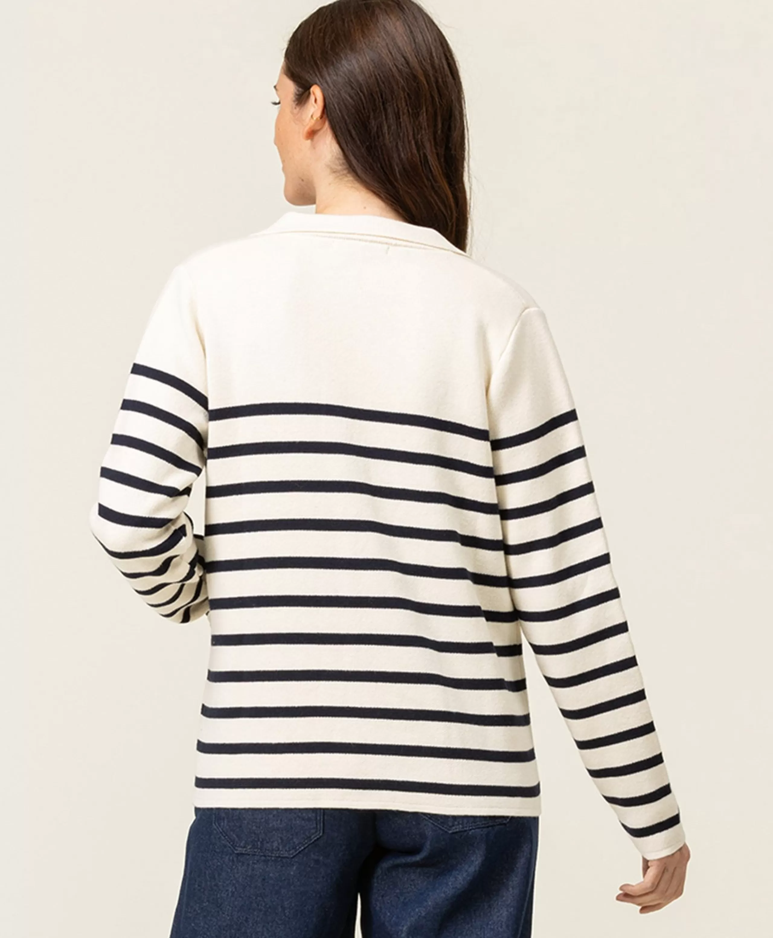 CARDIGAN TRICOT FOND GREGE RAYE INDIGO GIXODE*Terre de Marins Store