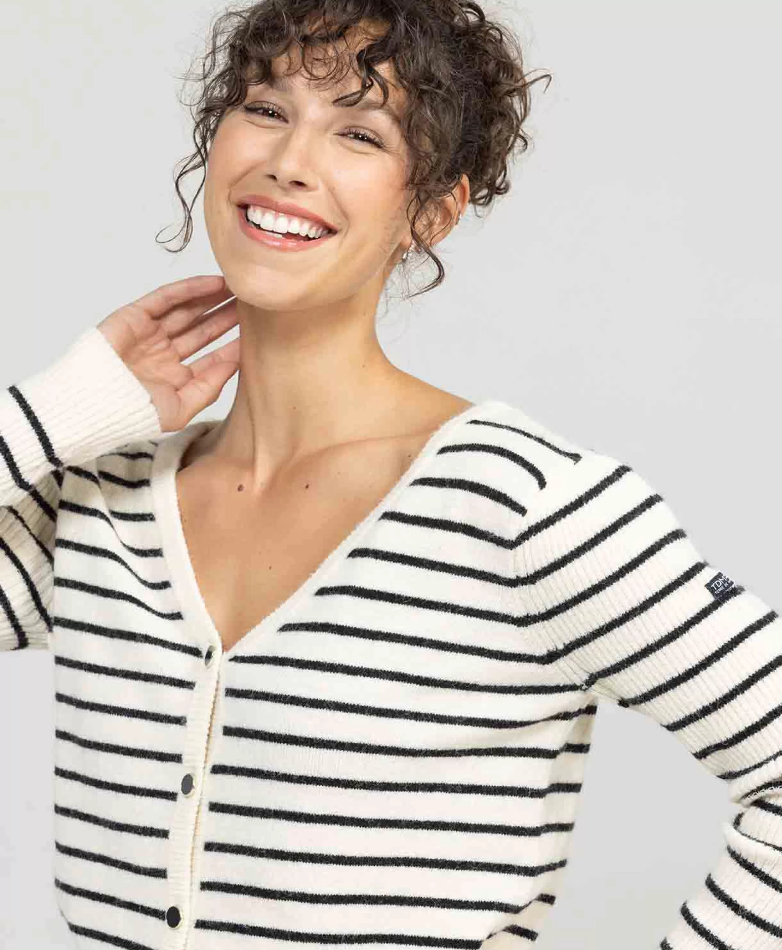 CARDIGAN TRICOT FOND NATUREL RAYE MARINE LIRON*Terre de Marins Cheap