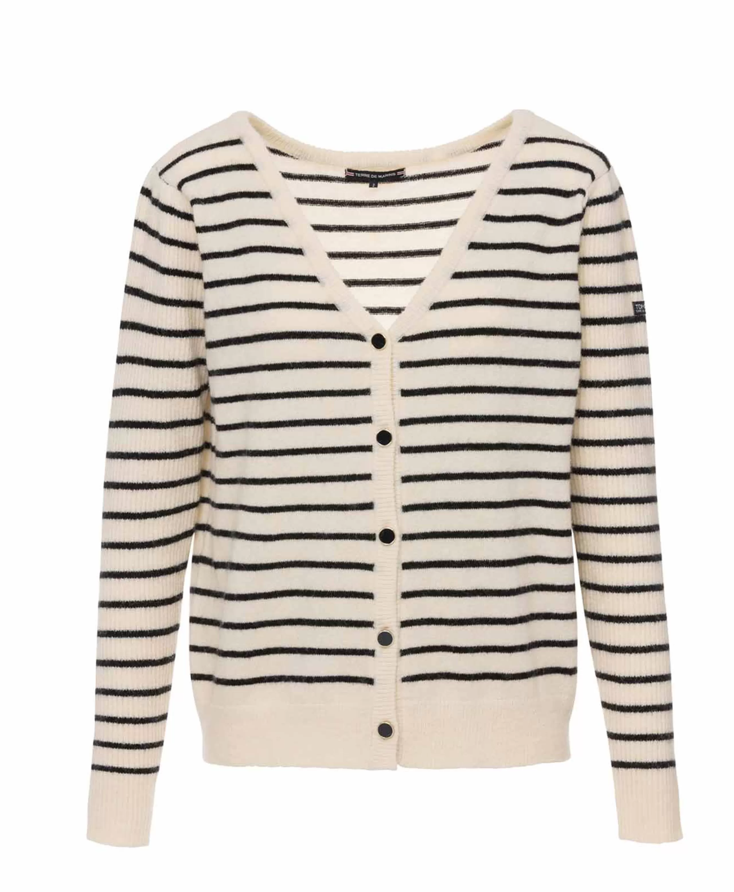 CARDIGAN TRICOT FOND NATUREL RAYE MARINE LIRON*Terre de Marins Cheap