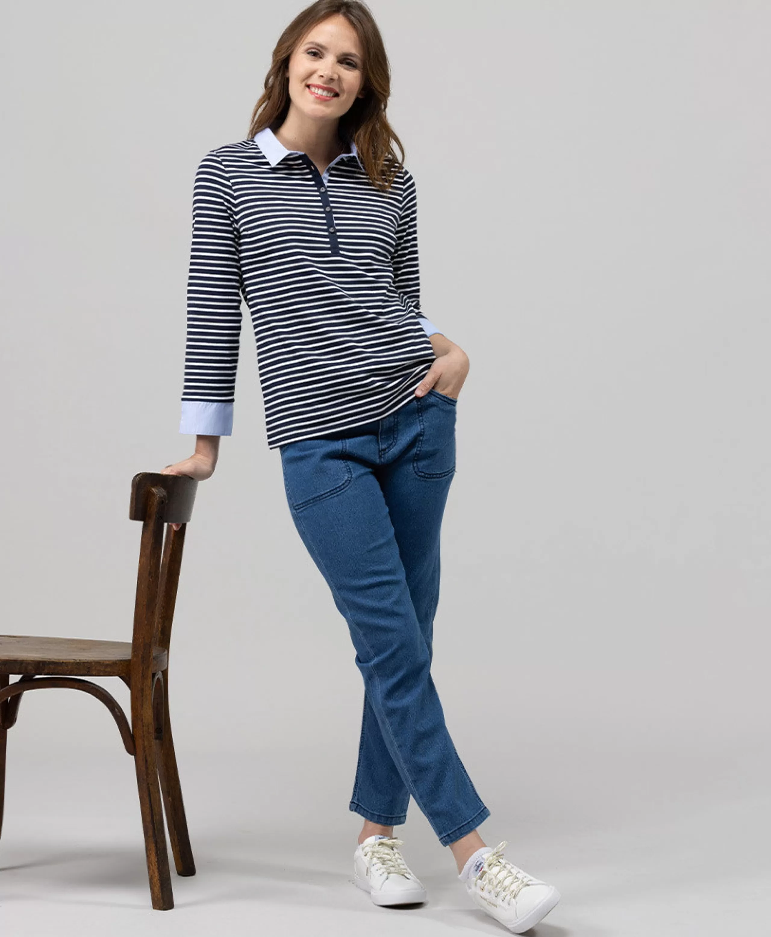 POLO M3/4 FOND INDIGO RAYE BLANC ANITA*Terre de Marins Outlet