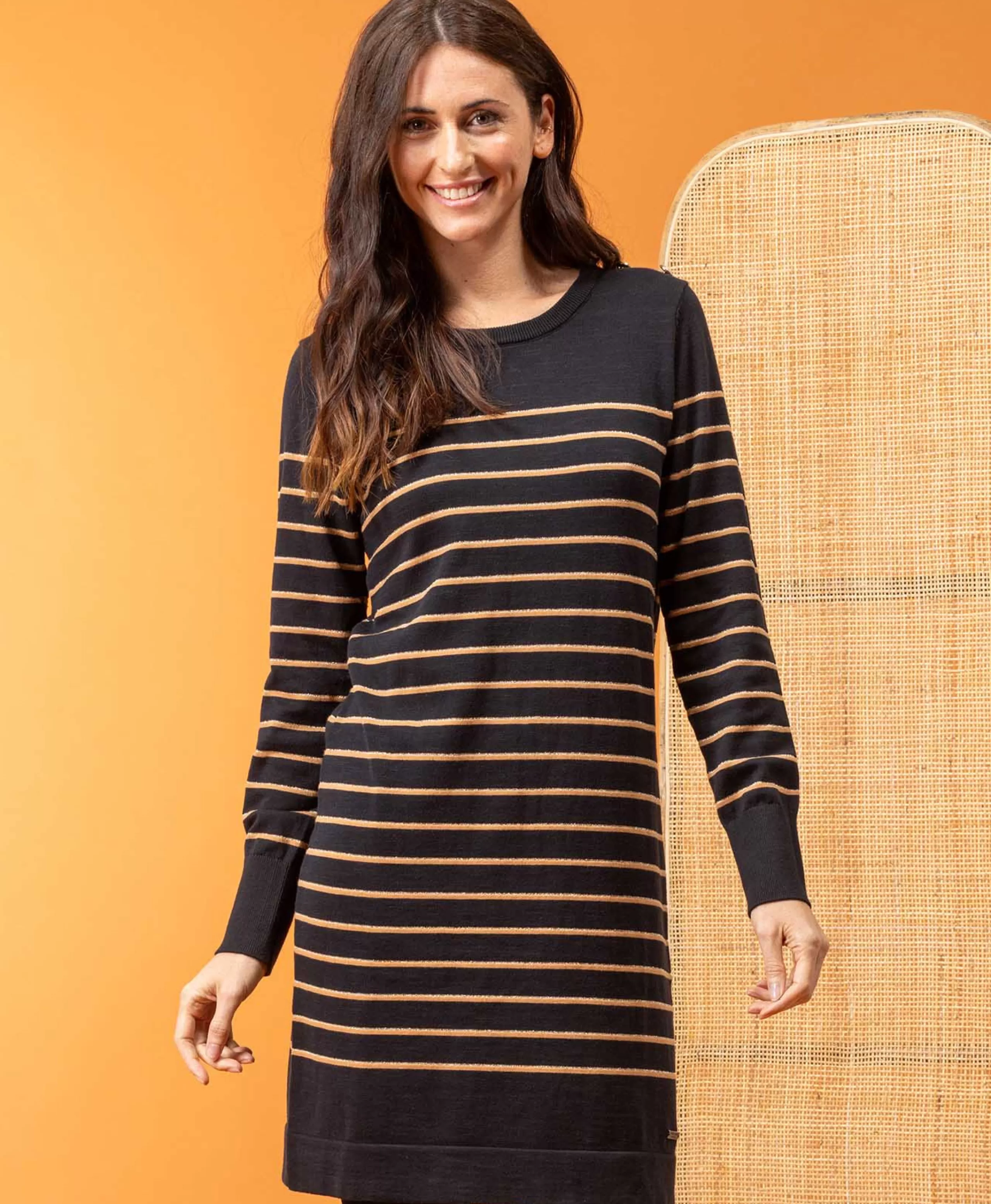 ROBE ML FOND NOIR RAYE CAMEL ROCHE*Terre de Marins New