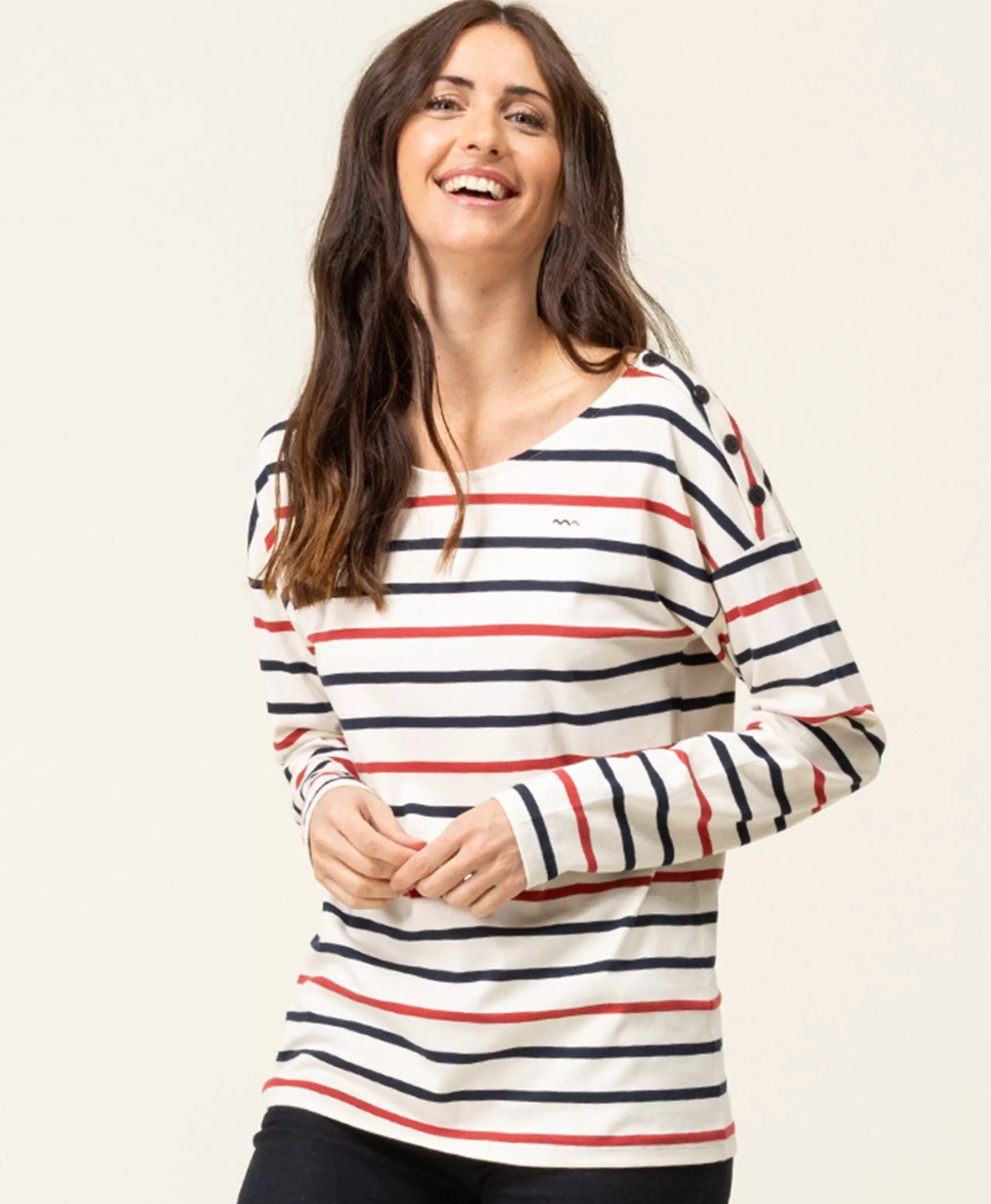 TEE SHIRT ML FOND GREGE RAYE ROUGE TOSSA*Terre de Marins Clearance