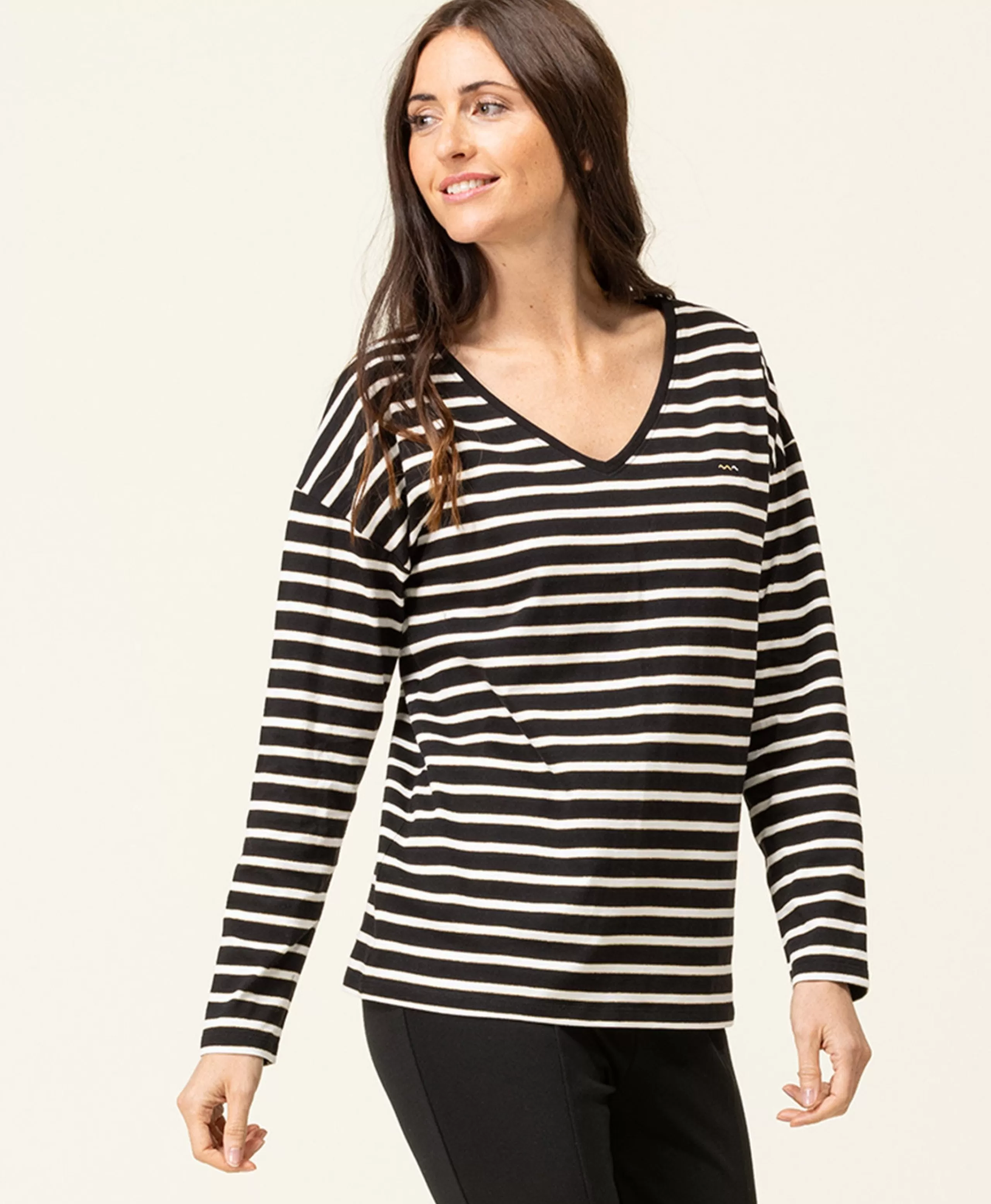 TEE SHIRT ML FOND NOIR RAYE NATUREL TSUKI*Terre de Marins Best Sale